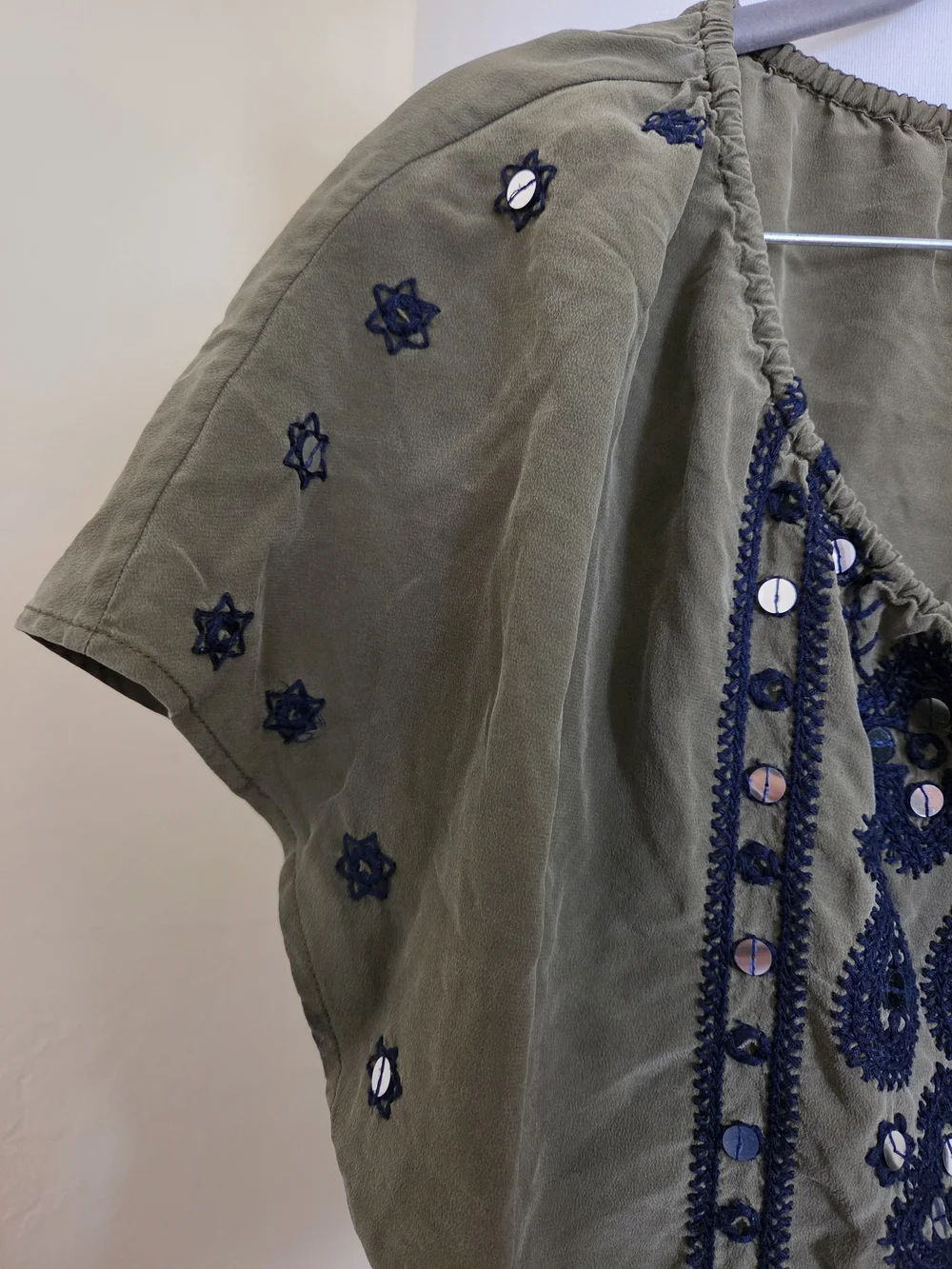 Tory Burch Dark Green Olive Camille Top with Navy Embroidery and Mirror Accents
